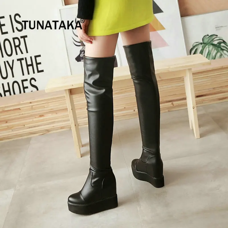 

Women Fashion Thigh Boots Platform Height Increasing Over The Knee Boots Winter Woman Shoes White Black Pink