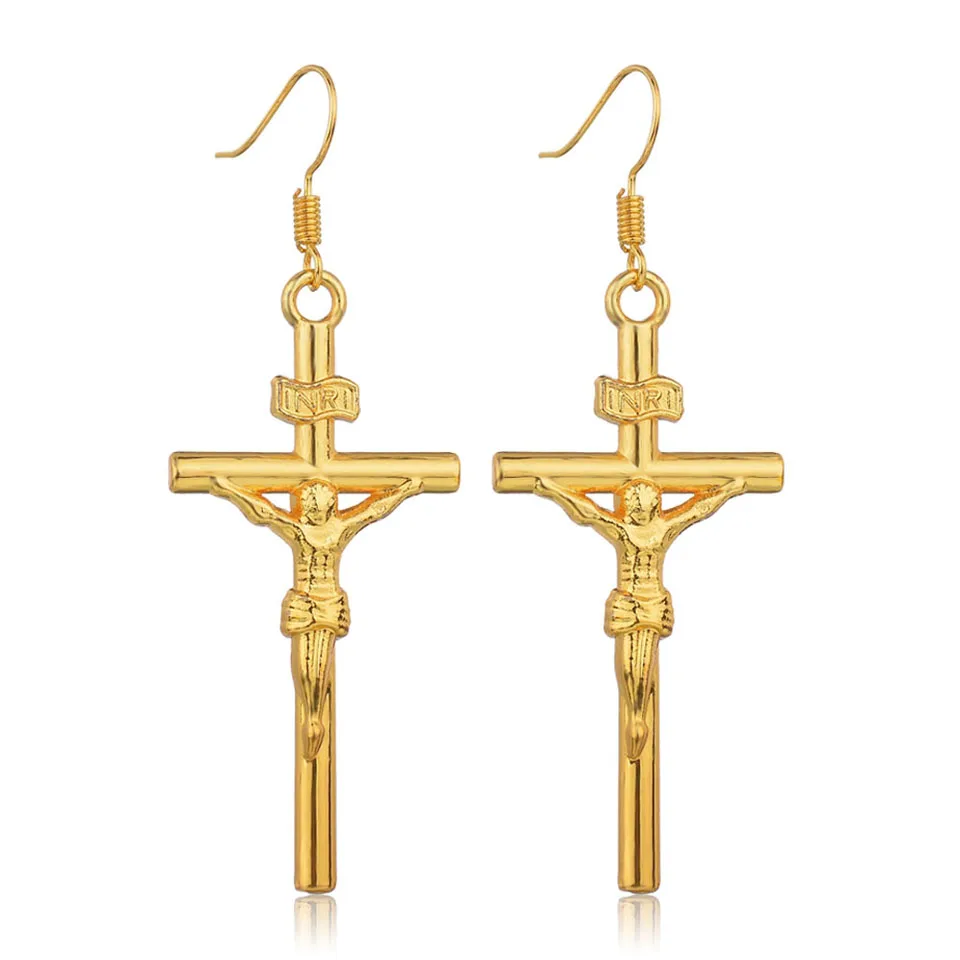 

Bling Bling Gold Color Jesus Christ Cross Drop Earrings for Women Lucky Cross Statement Earings Hiphop Jewelry Femme Bijoux