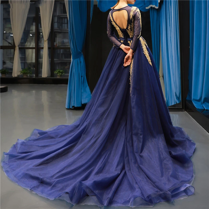 

Gorgeous Navy Blue Long Sleeves Backless Evening Dresses 2019 Beading Sexy Bride Party Prom Gowns Real Photo Custom Made Robes