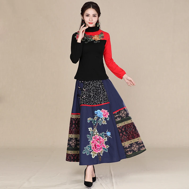 Zmvkgsoa Autumn and winter skirts womens new ethnic Chinese style retro embroidery flowers