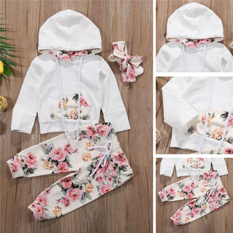 

3PCS Newborn Kids Baby Girls Sweatshirt Hoodies+Pants Headband Floral Outfit Set