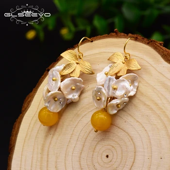 

GLSEEVO Handmade Natural Fresh Water Pearl Beeswax Dangle Earrings For Women Leaf Drop Earrings Jewelry Boucle D'oreille GE0618