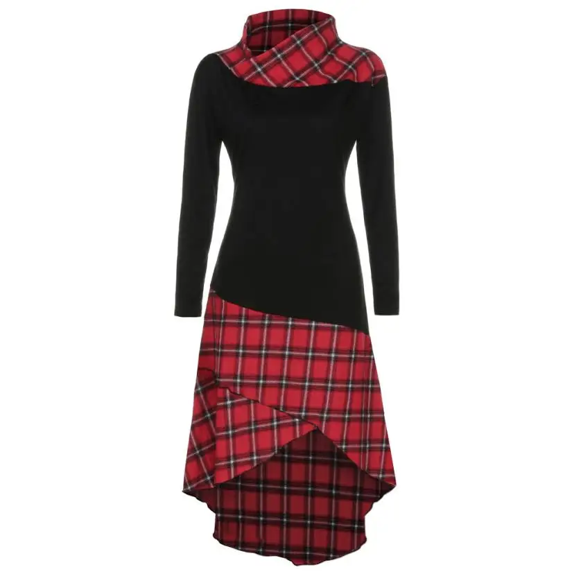 

New Arrival Popular Women High Neck Plaid Pattern Patchwork Dress Long Sleeve Dress High Quality Classical Dresses For Women