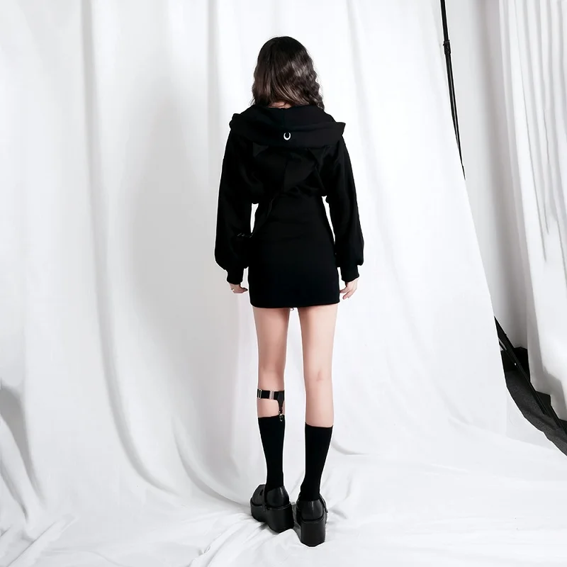 Pentagram Zipper Cute Cat Ears Moon Print Hoodie Long Sweatshirt  Black Women Punk Gothic Hoody Ladies 2019 Autumn Slim Jacket