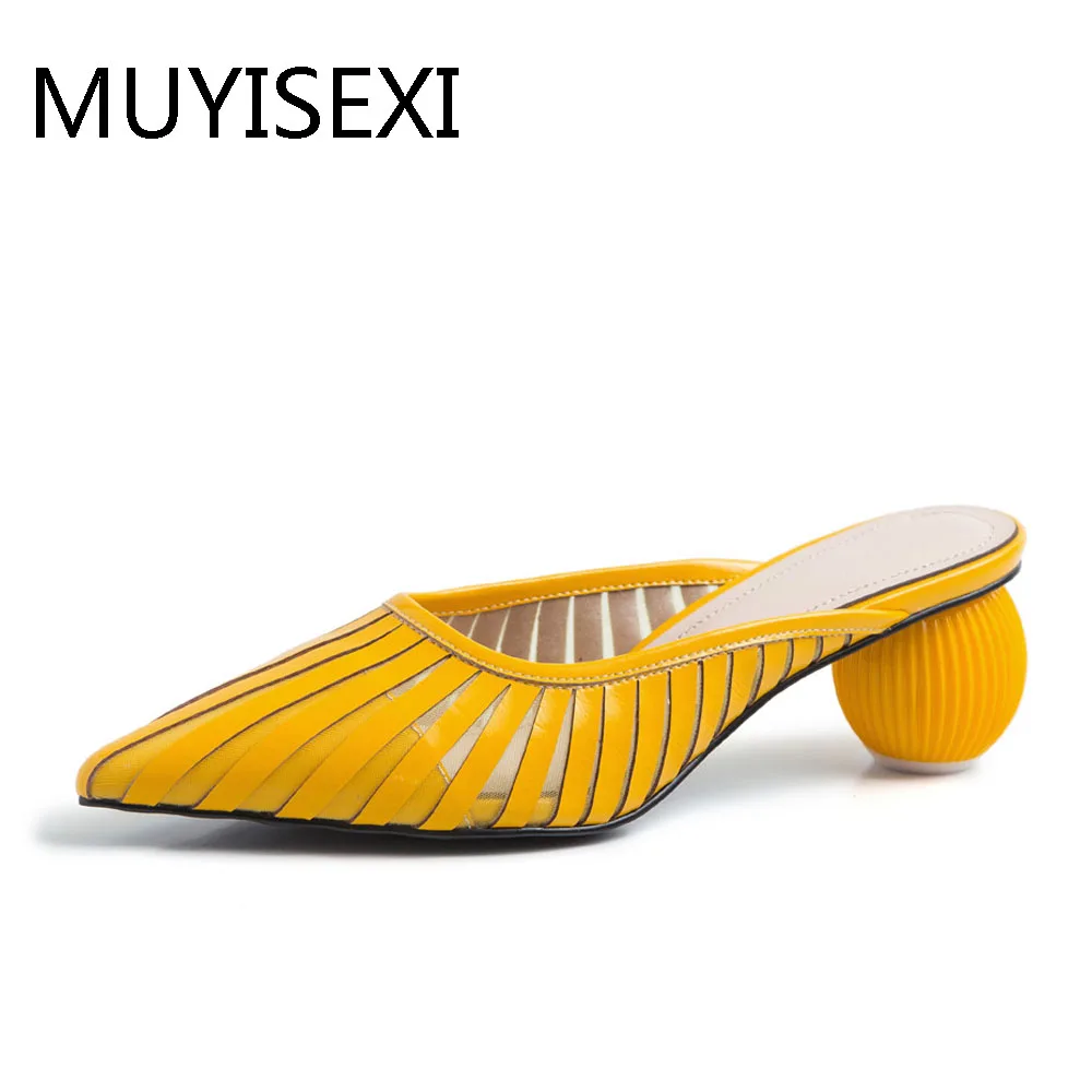 

Brand Mules Hollow Pointed Toe Shoes Women Full Genuine Leather Circular Heel Slippers Yellow White plus size PL14 MUYISEXI