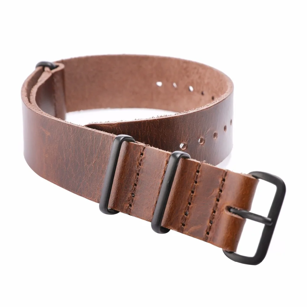 EACHE Oil Waxed Leather Nato Watch Straps Long band Black&Silver