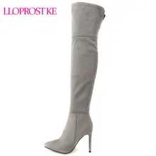 Lloprost ke Mulheres Stiletto Botas de Salto Alto Fino Com Zíper Longas Botas Feminina Magro Sexy das Mulheres Sobre as Botas Do Joelho tamanho 32-46 D412