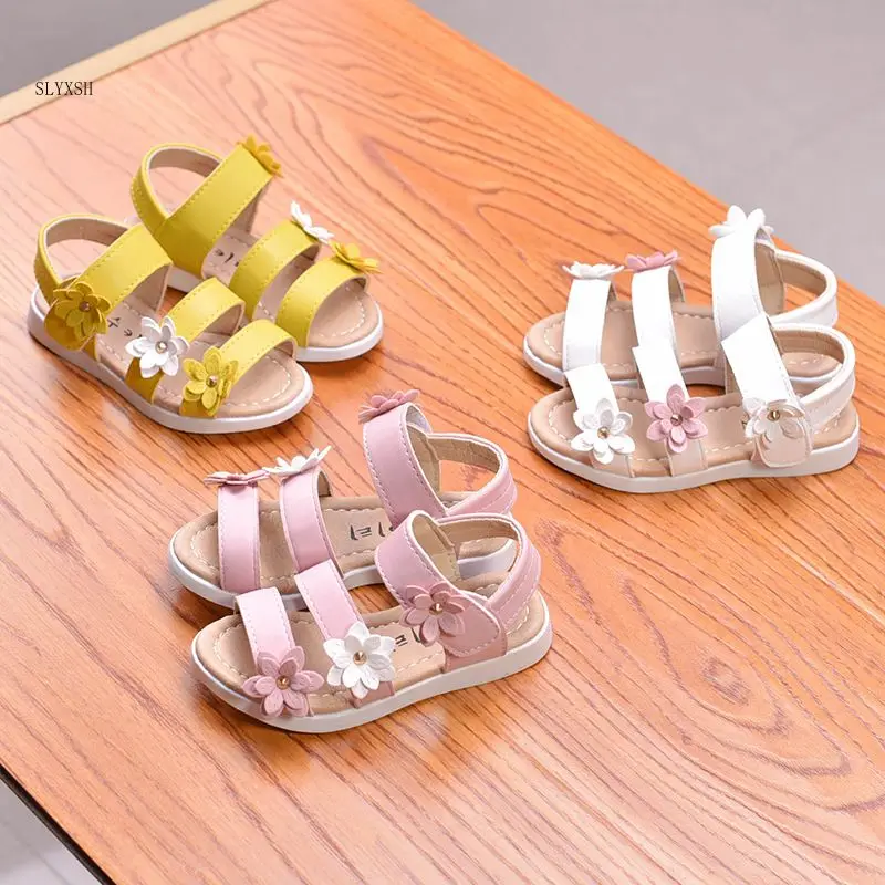 

SLYXSH 2019 Summer Girls Sandals Anti-kick Toe-cap Children Shoes PU Leather With Flowers Sweet Fashion Kids Sandals size 21-36