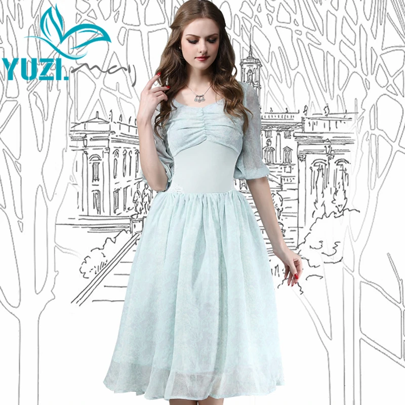 

Summer Style Dress 2017 Yuzi Vintage New Chiffon Women Dresses V-Neck High Waist Lace Patchwork Bodycon Vestidos Femininos 68021