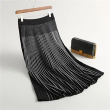 Для женщин модные Цвет блок элегантный в Вертикальную Полоску с принтом комплект пуловер+ кожаная юбка женские зимние вязаные юбки Saias