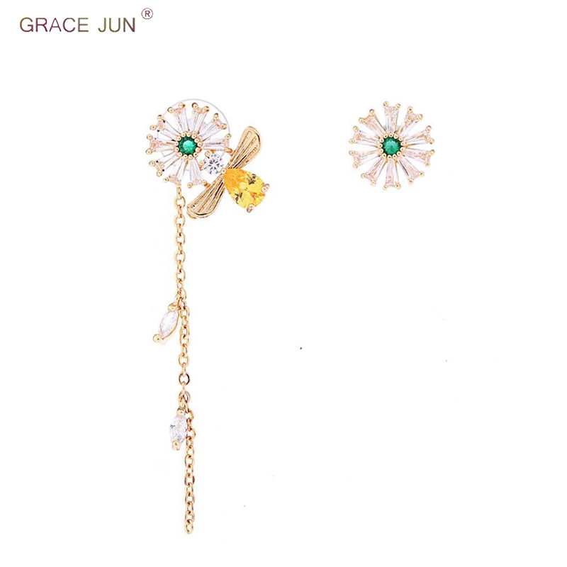 

GRACE JUN High-grade Shiny AAA CZ Flower Long Chain Clip on Earrings and Drop Pierced Earrings for Women Charm Earrings Bijoux