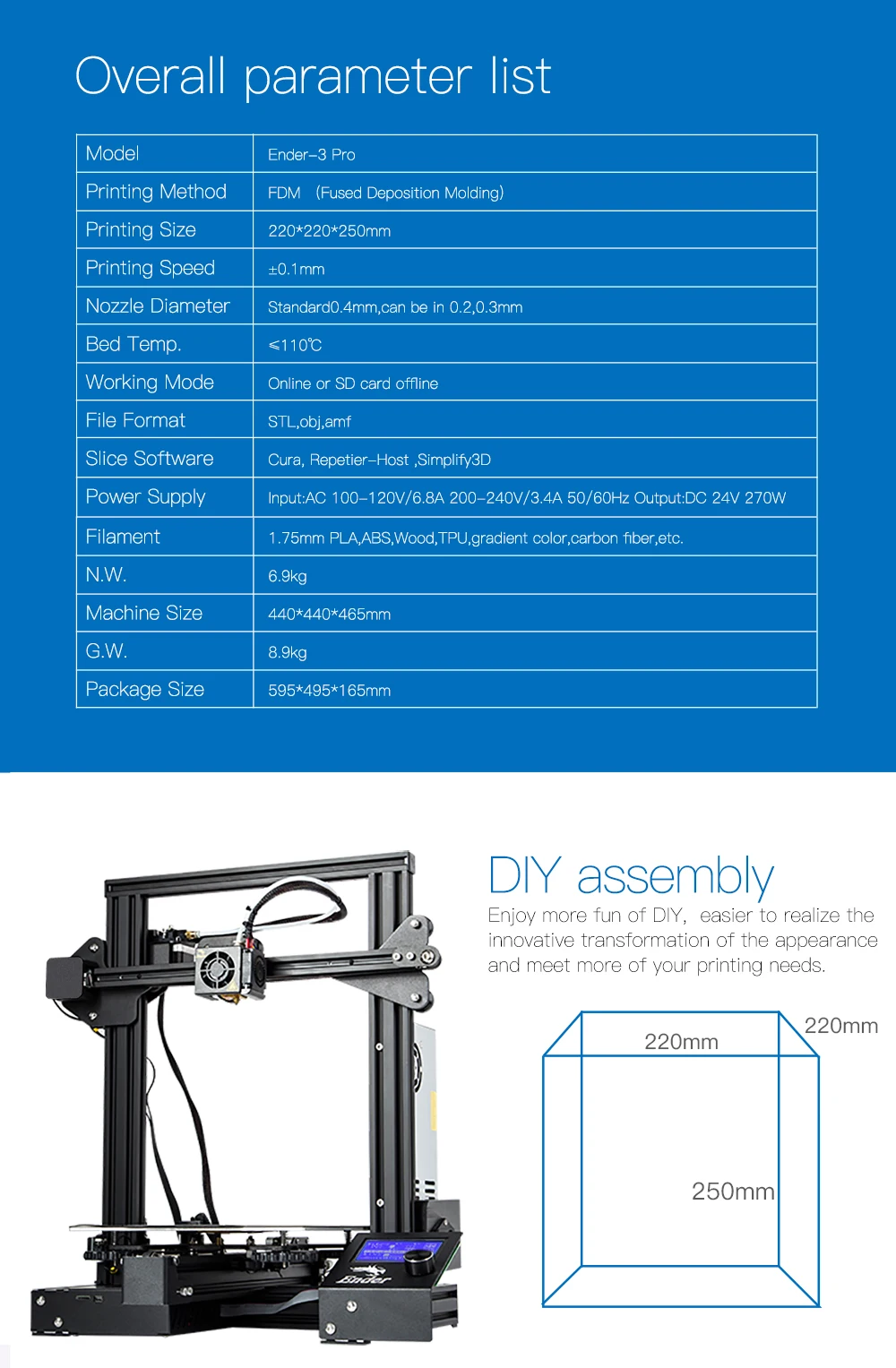 CREALITY Ender-3 Pro 3d принтер полностью металлический с магнитной крышкой размер печати 220*220*250 мм с фирменной мощностью