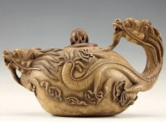 

Chinese antique collection Oriental Vintage Handworkd Carved Pottery Dragon Teapot statue