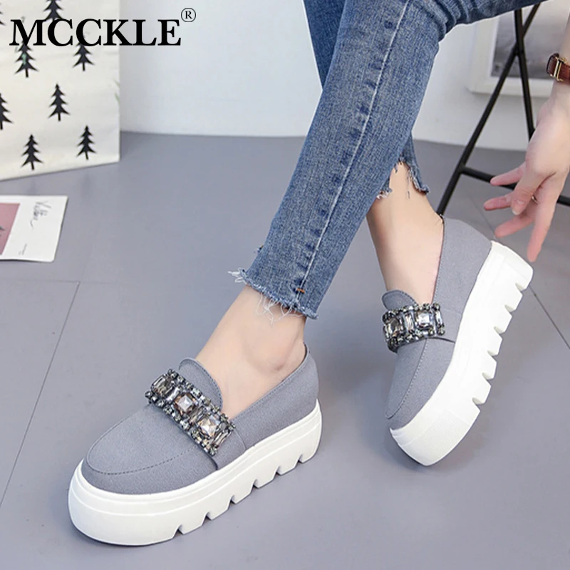 

MCCKLE Women Casual Flat Platform Sneakers Female Shallow Slip On Crystal Creepers Vulcanize Shoes Leisure Flats Footwear