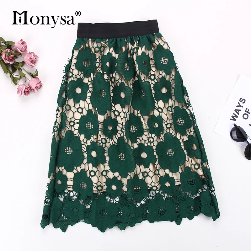 Флористический с высокой талией юбки женские Лето Новое поступление Мода Вышивка Полые юбки женские повседневные Юбки-миди черного цвета зеленый