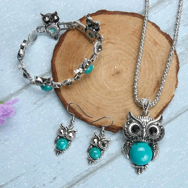 Ювелирный набор с совой, осенний стиль, тибетский Винтажный серебряный синтетический камень, подвеска с совой, ожерелье/серьги/браслет, ювелирный набор, подарок
