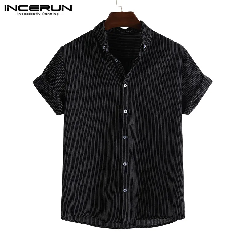 INCERUN летняя модная мужская рубашка в полоску с отворотами, свободные дышащие топы с короткими рукавами, деловые брендовые рубашки для мужчин Camisa 5XL - Цвет: Black Shirt