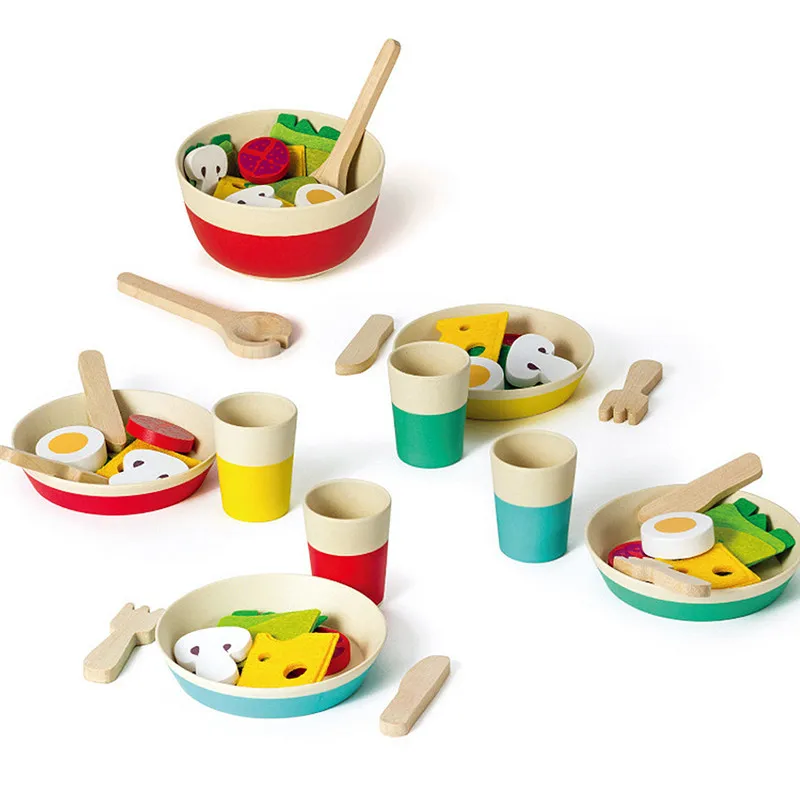 

Kid Simulation Fun Salad Bowl Set Play Toys for Children Gift Wooden Kitchen Tableware Cooking Toys