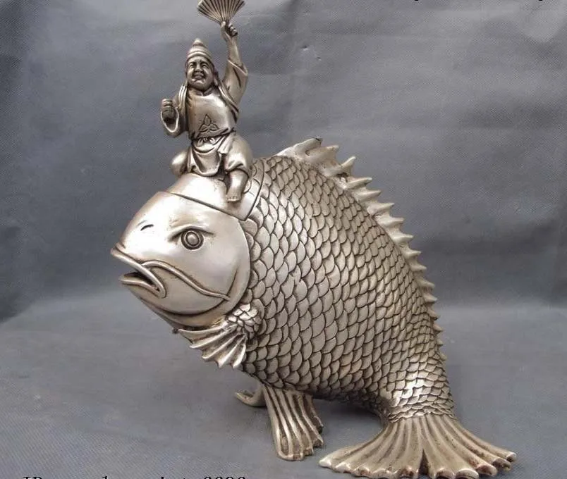 

Chinese Folk White Copper Silver Ride Fish JiGong Censer incense burner Statue