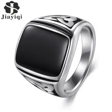 Jiayiqi Punk titane acier anneau grand noir pierre anneau carré hommes couleur argent pour homme bijoux Vintage mariage fête cadeau