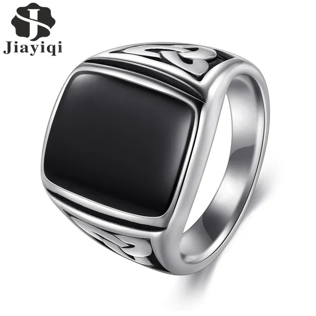 Jiayiqi Punk Titanium Steel Ring Big Black Stone Square Ring Men Silver Color Fo Jiayiqi Punk Titanium Steel Ring Big Black Stone Square Ring Men Silver Color Fo
