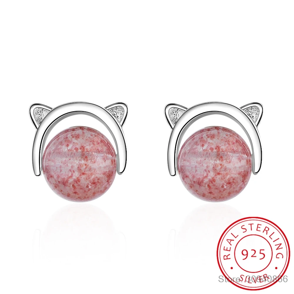 

925 Real Sterling Silver 2018 Women Fashion Cute Pink Strawberry Crystal Cat Stud Earrings For Daughter Girls