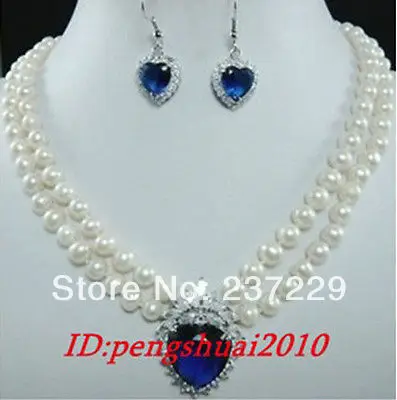 

Wholesale price Fast shipping + aHot 2 row 8mm white natural cultured pearls necklace blue crystal earring set hot