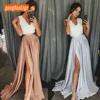 Fashion Long Party Evening Dress 2019 Sexy Evening Gown V Neck Satin Lace Zipper A-Line Slit Slim Fit Formal Maxi Dresses Prom