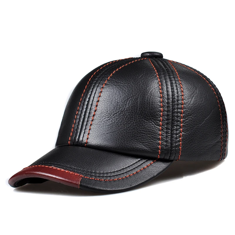 WholesaleGenuineLeatherBaseballCapMenWomenBlackCowhideHat