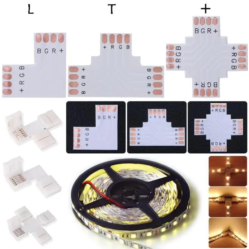 

10pcs 10mm L T X Shape 4pin 5050 RGB LED Light Strip Connectors FPCB Light Strips Corner Connectors Board Quick Splitters