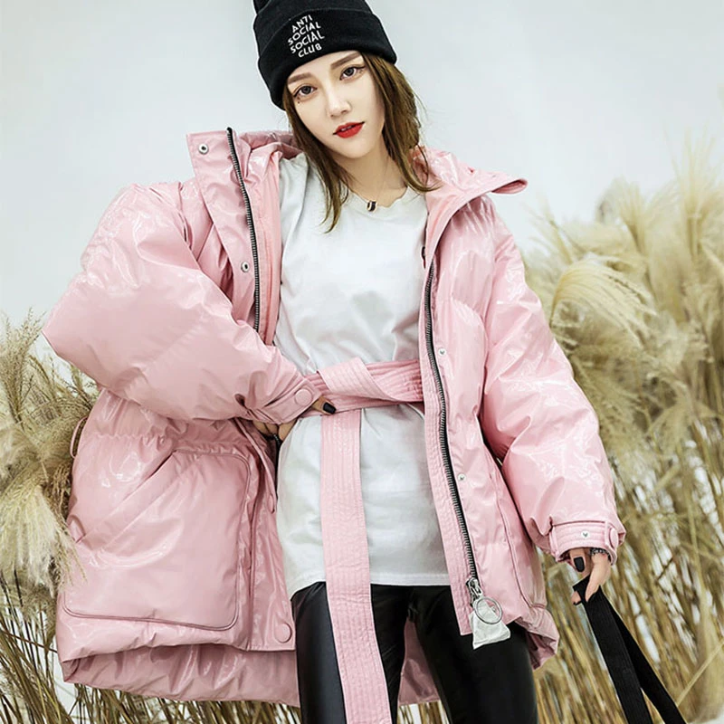 Streetwear Winter Women Jacket Hooded Parkas Pink Snow Female Coat Loose Oversized Adjustable Waist Womens Short Parka MY38