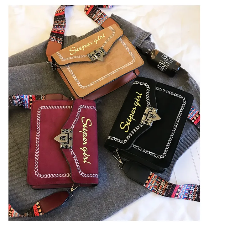 Women's Suede Leather Vintage Handbag Metal Lock Crossbody Bag with Colorful Strap Stylish Girl Red Black Brown Cross Body Purse (9)