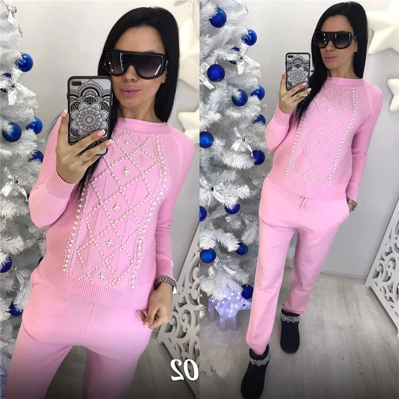 

2018 Autumn Winter Knitting Women Set Fashion Pearls Cotton Ladies Women Suits Pullover Sweater And Pant Two Piece Femme Suit