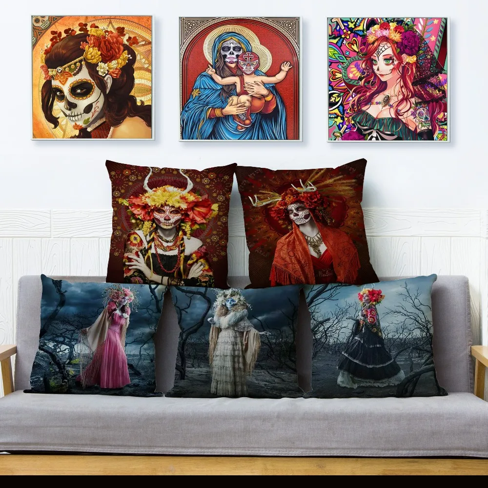

Mexico Day of the Dead Skull Pillow Cover 45*45cm Cartoon Linen Cushion Covers Sofa Pillow Case Home Decoration Pillowcase