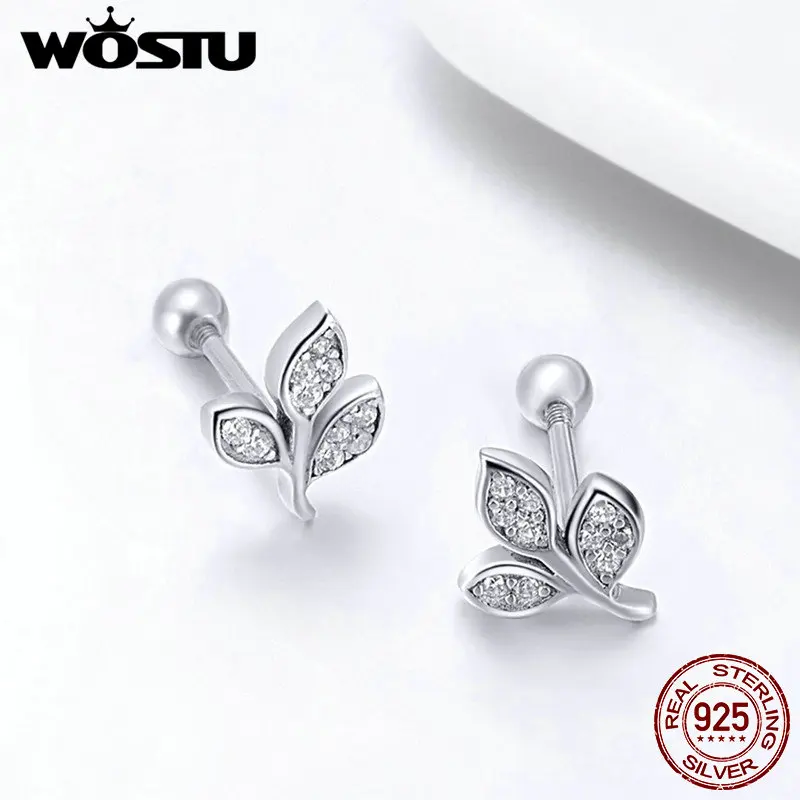 WOSTU реального Серебро 925 пробы крошечные листья Ясно CZ серьги для Для женщин для девочек модное серебристое серьги, украшения, подарок BKE431