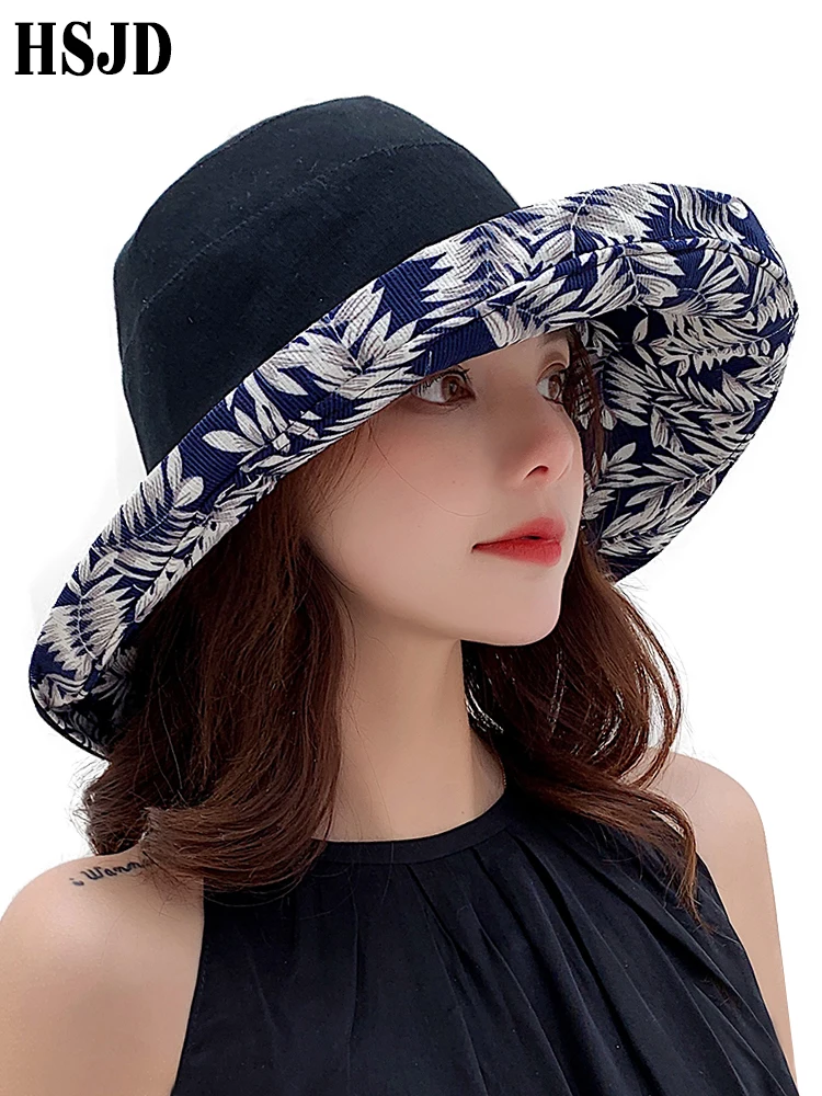 

Double-sided Large Wide Brim Leaf Print Summer Sun Hat For Women Cotton Foldable Anti-UV Beach Hat Outdoors Female Sunshade Cap