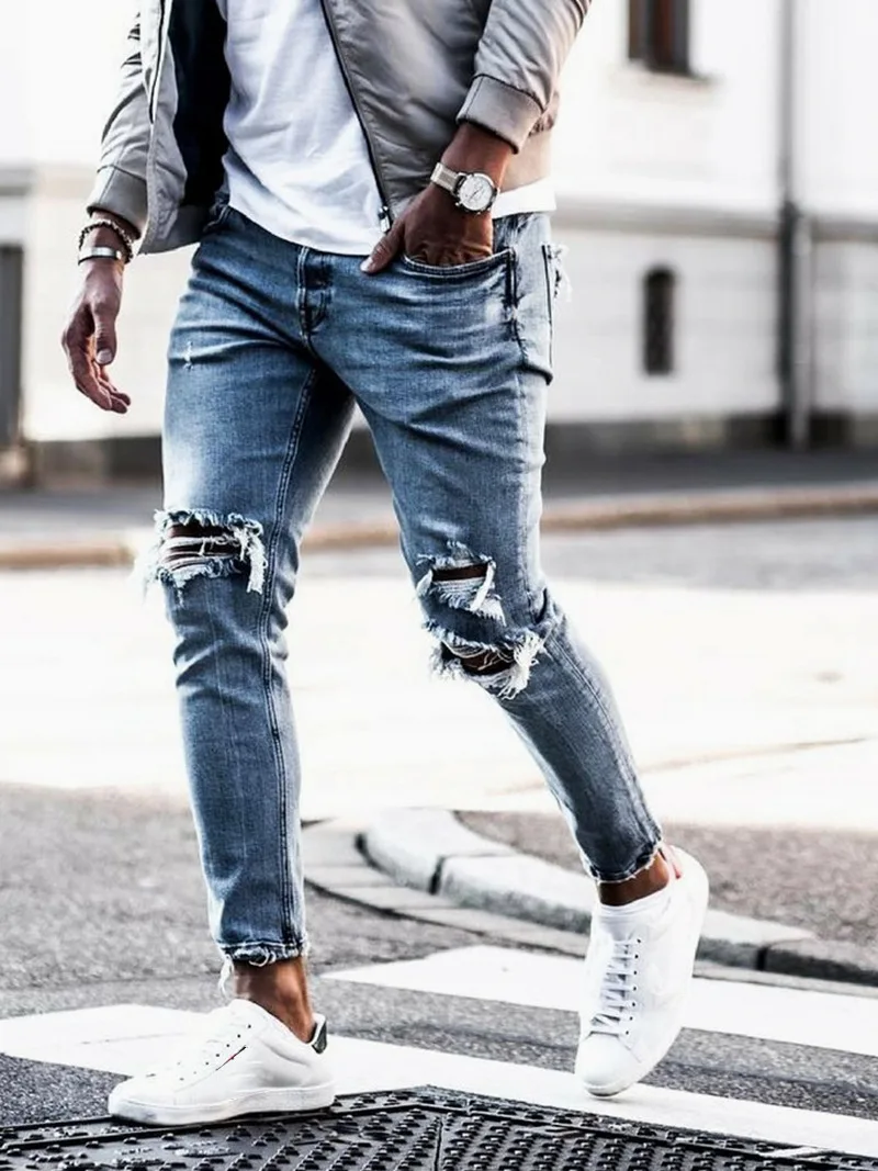 blue jeans for men New Skinny Jeans men Streetwear Destroyed Ripped Jeans Homme Hip Hop Broken modis male Pencil Biker Embroidery Patch Pants jeans men