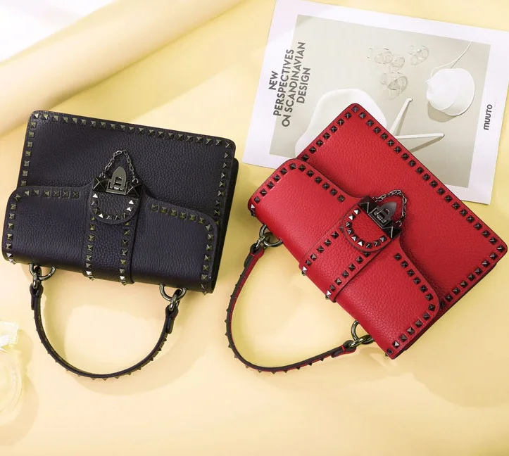 9324 New Fashion European and American Women Crossbody Bag Rivets Bag genuine Leather Women Single Shoulder Bag