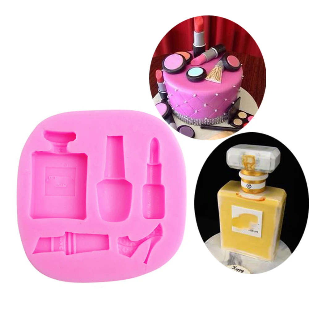 

Silicone Pretty girls women perfume lips Nail polish Lipstick Eyeliner moulds for cake Girls birthday Make up themed cake molds