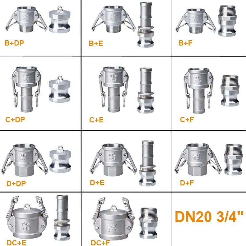

DN20 3/4" Type B/C/D +DP/E/F Type DC+E/F Camlock Fitting Adapter Homebrew 304 Stainless Steel Connector Quick Release Coupler