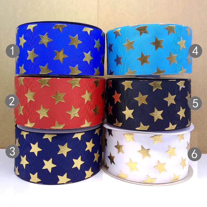 

Free shipping 50 yard 75 mm gold foil star printed grosgrain ribbon