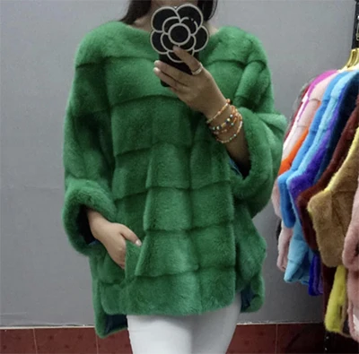 Роскошная женская шуба из натурального меха норки, пончо из натурального меха, зимняя куртка для женщин, накидка из натурального меха - Цвет: green