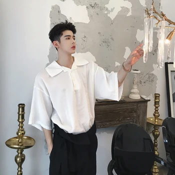 

2018 Korean Summer Men's Fashion Tide High Street Personality Turn-down Collar Black/White Color Thin Short Sleeve Shirts Size M