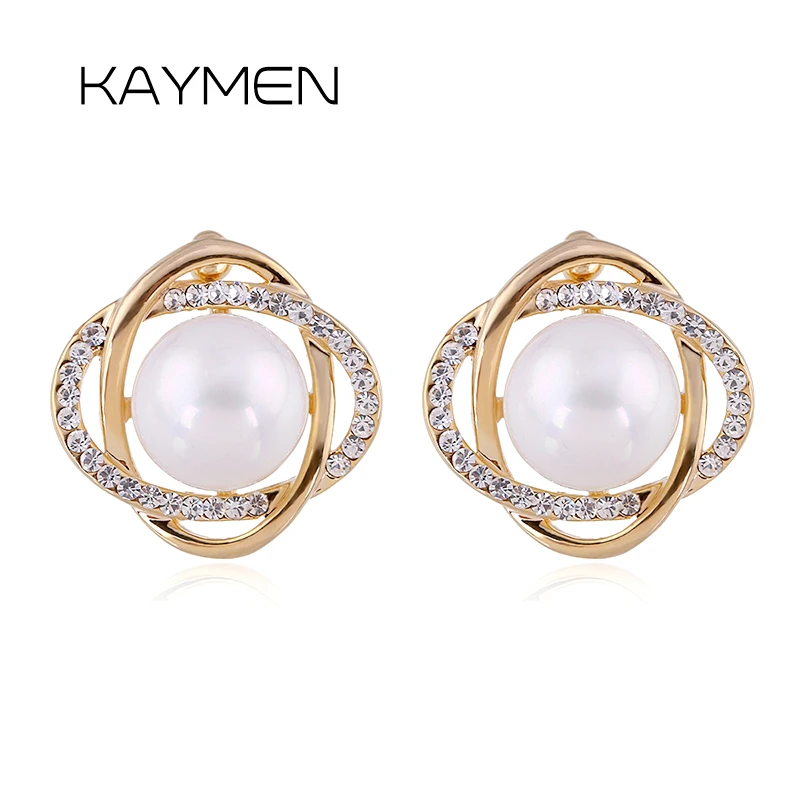 

KAYMEN Golden Plated Inlaid Rhinestones and Imitation Pearl Earrings For Women, Wedding, Party Fashion Stud Earring EA-04132