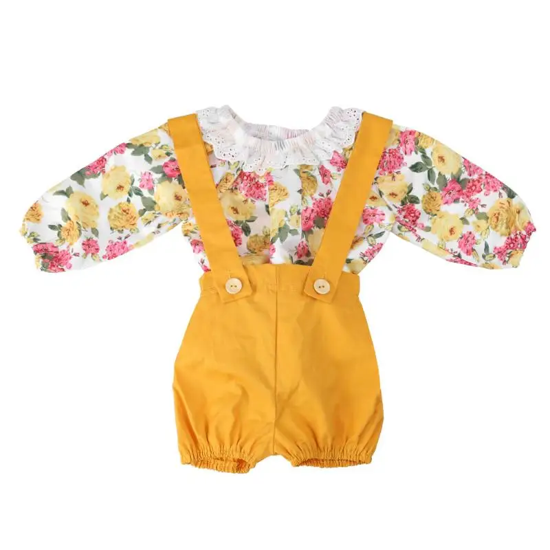 

Summer Baby Girl Floral Outfits Clothes Newborn Kids Girls Princess Lace Rompers+Shorts Sunsuit Clothes Set Long Sleeve Clothing