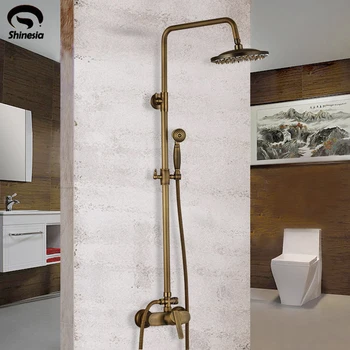 

Shinesia Antique Brass Bathroom Shower Set Faucet Bathroom Hot and Cold Mixer Tap 8" Rainfall head Single Handles Wall Mounted