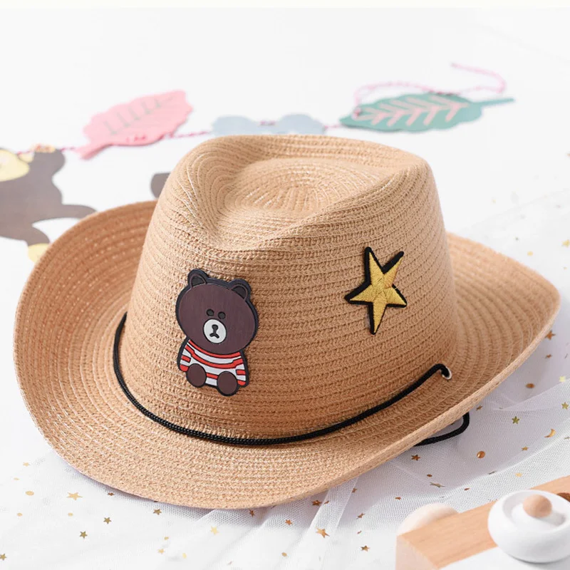 

2018 New Children's Straw Cap Baby Summer Sun Hat Cute Bear Star Patch Bucket Cap Lovely Kids Fishmen Hat For Boy Girls