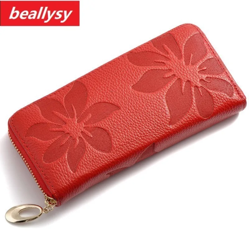 

Fashion Genuine Cowhide Leather Women Long Purse Flower Embossing Female Zipper Lady Wallet Money Clips Woman Cards Phone Purse