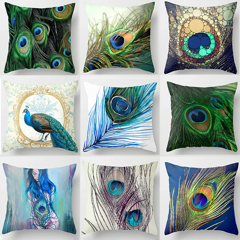 

Peacock Feather Animal Pattern Throw Decorative Pillow Case Bird Flowers Printing Peach Skin Velvet Cushion Cover 45cmx45cm