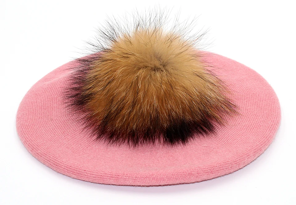 Women Beret Wool Hat Winter Knitted Wool Berets Real Fur Pompom Hats Beanies Female Top Quality Beret Cap (8)